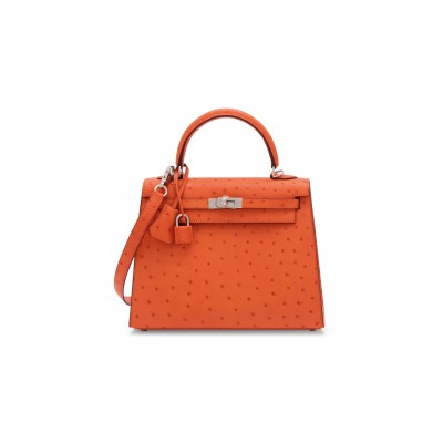 HERMÈS MASTER OSTRICH ORANGE KELLY 25 WITH PALLADIUM HARDWARE (25*17*7cm) 